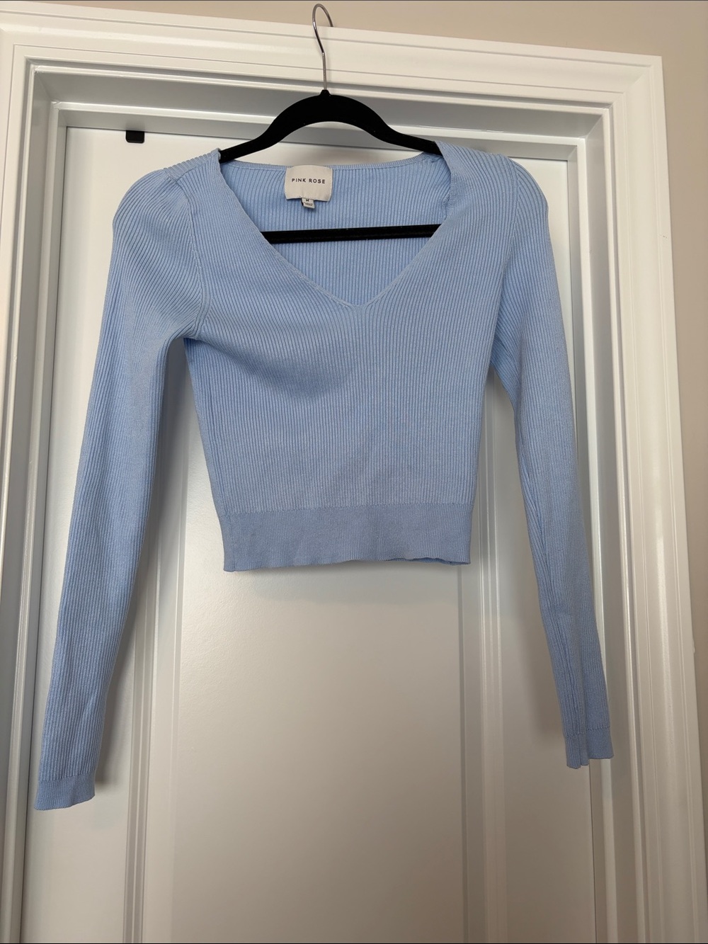 Pink Rose Pastel Blue Ribbed V-Neck Cropped Sweater